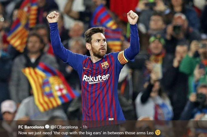 Megabintang Barcelona, Lionel Messi, merayakan gol yang dicetak ke gawang Manchester United dalam laga leg kedua perempat final Liga Champions di Stadion Camp Nou, Selasa (16/4/2019).