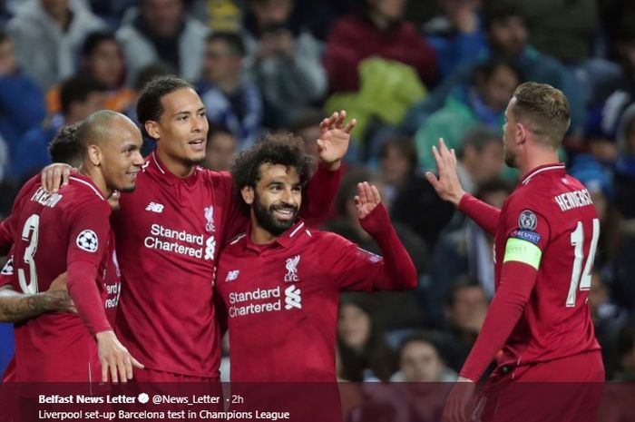 Para pemain Liverpool merayakan gol Virgil van Dijk usai menjebol gawang FC Porto pada pertemuan kedua perempat final Liga Champions