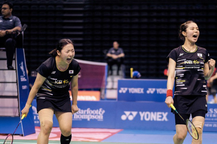 Pasangan ganda putri Korea Selatan, Kim So-yeong/Kong Hee-yong, saat melawan Yuki Fukushima/Sayaka Hirota (Jepang) pada babak semifinal New Zealand Open 2019, di Eventfinda Stadium, Auckland, Selandia Baru, Sabtu (4/5/2019).