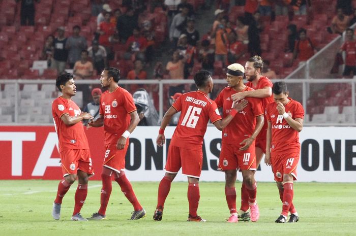 Skuat Persija Jakarta merayakan gol yang dicetak Bruno Matos, pada laga Piala AFC 2019 kontra Shan United di Stadion Utama Gelora Bung Karno, Rabu (15/5/2019).