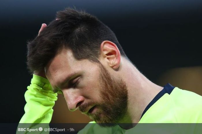 Ekspresi kecewa megabintang FC Barcelona, Lionel Messi, pada leg kedua semifinal Liga Champions 2018-2019 kontra Liverpool.