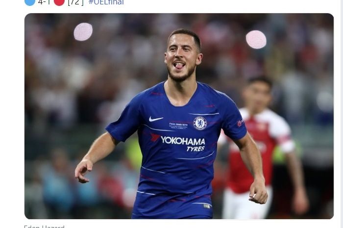 Bintang Chelsea, Eden Hazard, melakukan selebrasi seusai menjebol gawnag Arsenal dalam finalLiga Europa, Rabu (29/5/2019).