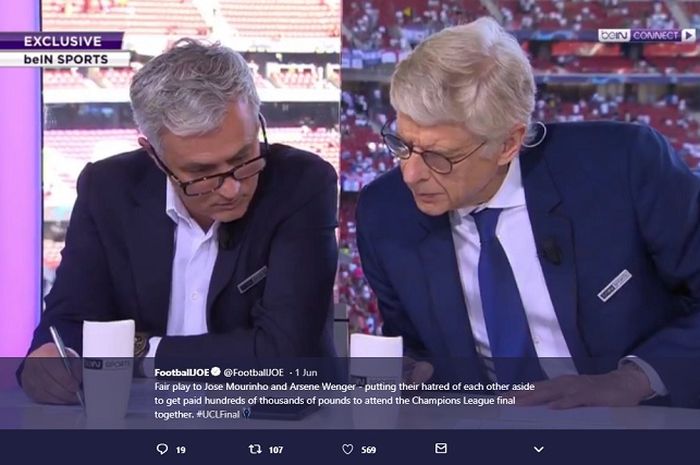Jose Mourinho dan Arsene Wenger ketika menjadi komentator di laga final Liga Champions, Liverpool Vs Tottenham Hotspur, Sabtu (1//6/2019).