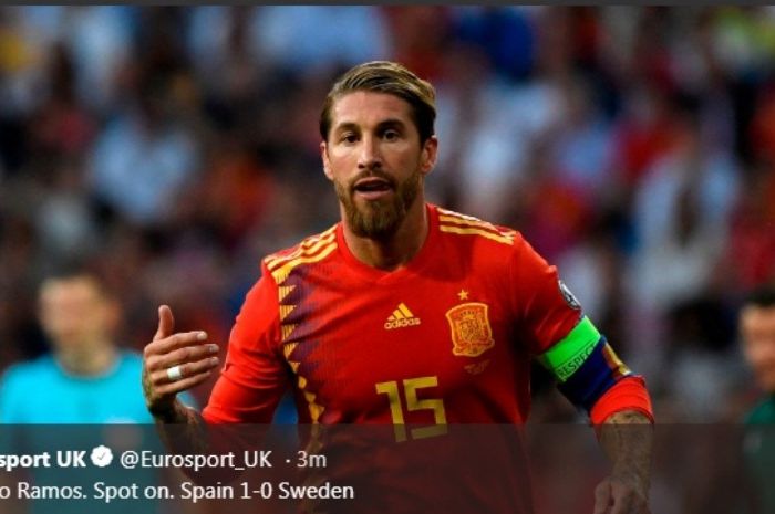 Kapten timnas Spanyol, Sergio Ramos, dalam laga melawan Swedia dalam Kualifikasi Piala Eropa 2020, Senin (10/6/2019).