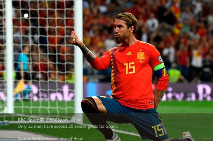 Selebrasi Sergio Ramos setelah mencetak gol untuk timnas Spanyol ke gawang Swedia dalam laga kualifikasi Piala Eropa 2020 di Santiago Bernabeu, 10 Juni 2019.