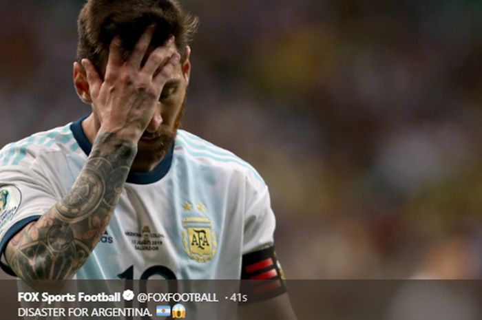 Ekspresi Lionel Messi saat pertandingan Argentina vs Kolombia pada babak penyisihan Grup B Copa America 2019 di Stadion Fonte Nova, 15 Juni 2019.