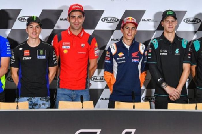 (dari ki-ka) Joan Mir, Maverick Vinales, Danilo Petrucci, Marc Marquez, Fabio Quartararo, dan Franco Morbidelli saat menghadiri sesi konferenis pers MotoGP Jerman 2019, Kamis (4/7//2019)