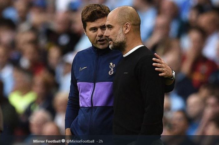 Pelatih Tottenham Hotspur, Mauricio Pochettino (kiri), bersama juru taktik Manchester City, Pep Guardiola (kanan).