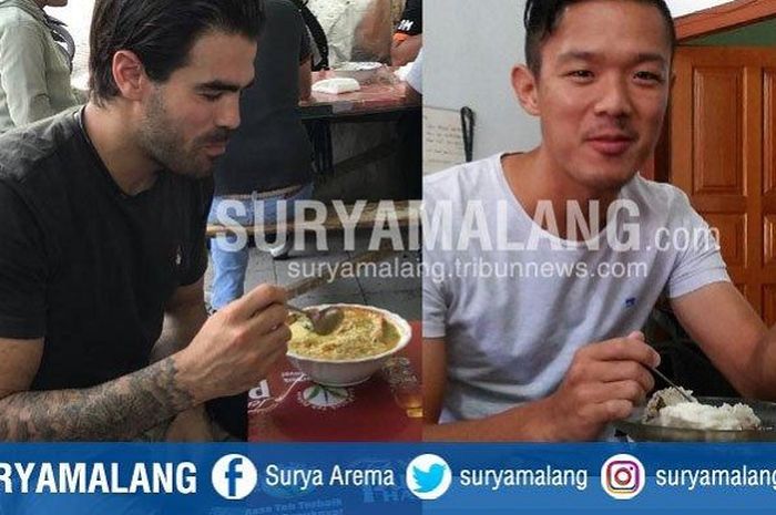 Aryn Wiliiams (kiri) dan Takafumi Akahoshi (kanan), dua pemain anyar Arema FC dan Perserbaya Surabaya saat menikmati kuliner khas Indonesia.