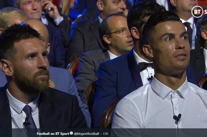 Kapten FC Barcelona, Lionel Messi, dan Megabintang Juventus, Cristiano Ronaldo, dalam malam penganugerahan UEFA Awards, Monako, 29 Agustus 2019.