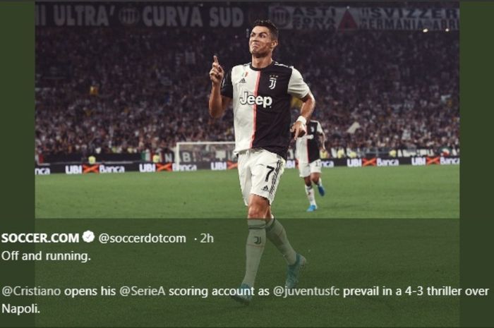 Penyerang Juventus, Cristiano Ronaldo, melakukan selebrasi seusai menjebol gawnag Napoli dalam laga pada Sabtu (31/8/2019).