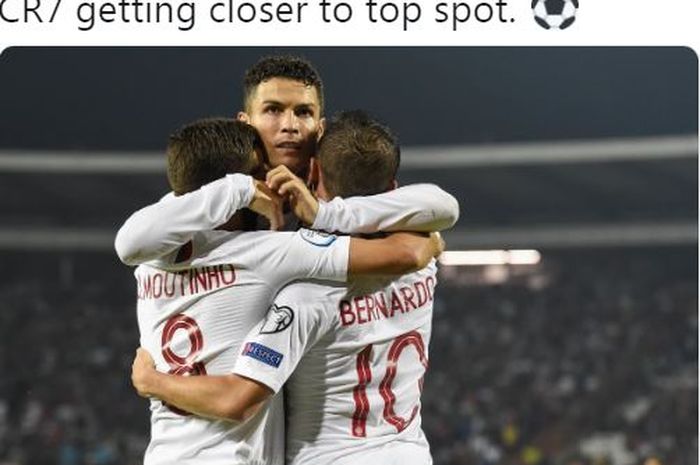 Megabintang timnas Portugal, Cristiano Ronaldo, merayakan gol yang dicetak ke gawang timnas Lithuania dalam laga Grup B Kualifikasi Euro 2020 di LFF Stadionas, Selasa (10/9/2019).