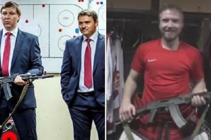 Kiper tim hoki es Rusia Izhstal, Savely Kononov mendapat hadiah senjata api laras panjang AK-47 dari manajer tim usai menjadi man of the match dalam salah satu pertandingan.