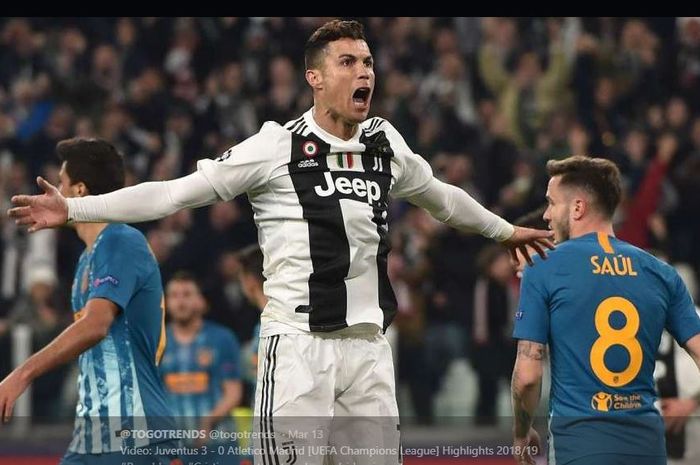 Cristiano Ronaldo merayakan golnya untuk Juventus ke gawang Atletico Madrid di Liga Champions.