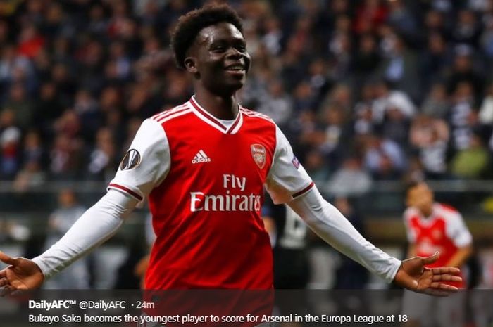 Pemain muda Arsenal berusia 18 tahun, Bukayo Saka, sukses mencetak satu gol dalam kemenangan telak 3-0 atas Eintracht Frankfurt di laga perdana Grup F Liga Europa 2019-2020.