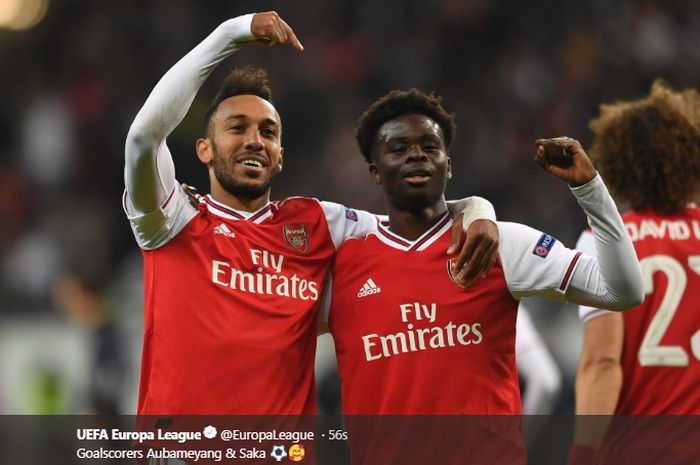 Pierre-Emerick Aubameyang dan Bukayo Saka turut menyumbang gol dalam kemenangan 3-0 Arsenal atas Eintracht Frankfurt pada laga perdana Liga Europa, Kamis (19/9/2019).