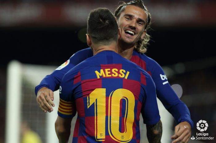 Selebrasi Lionel Messi dan Antoine Griezmann .Barcelona untuk sementara unggul 2-1 atas Villarreal dalam lanjutan Liga Spanyol di Stadion Camp Nou, Selasa (24/9/2019) atau Rabu dini hari WIB.
