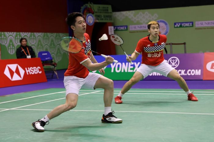 Pasangan Indonesia, Marcus Fernaldi Gideon dan Kevin Sanjaya Sukamuljo, saat beraksi di Hong Kong Open 2019.