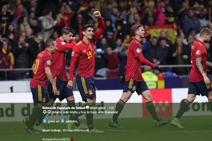 Pemain Spanyol, saat merayakan gol ke gawang Rumania di Kualifikasi Piala Eropa 2020 pada Selasa (19/11/2019) dinihari.