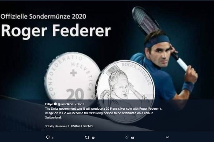 Wajah Roger Federer hiasi koin perak 20 franc Swiss, edisi terbatas dirilis pada 2020.