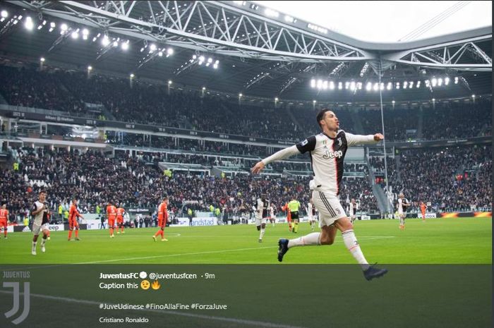 Selebrasi Cristiano Ronaldo usai mebobol gawang Udinese dalam laga Liga Italia di Stadion Allianz, Minggu (15/12/2019).