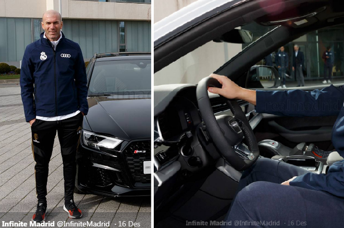 Pelatih dan pemain andalan Real Madrid, Zinedine Zidane dan Eden Hazard, berpose bersama mobil Audi yang berikan pihak klub sebagai kado Natal 2019.