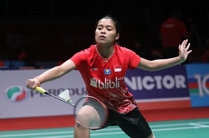 Pebulu tangkis tunggal putri Indonesia, Gregoria Mariska Tunjung, saat bertanding melawan Ratchanok Intanon pada babak kedua Malaysia Masters 2020.