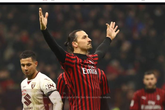 Zlatan Ibrahimovic merayakan golnya untuk AC Milan ke gawang Torino dalam partai Coppa Italia di San Siro, Milan, 28 Januari 2020.