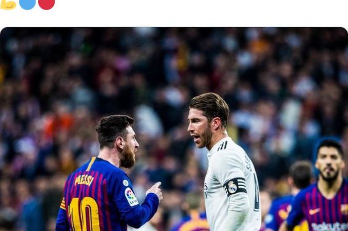 Megabintang Barcelona, Lionel Messi (kiri), berdebat dengan kapten Real Madrid, Sergio Ramos.