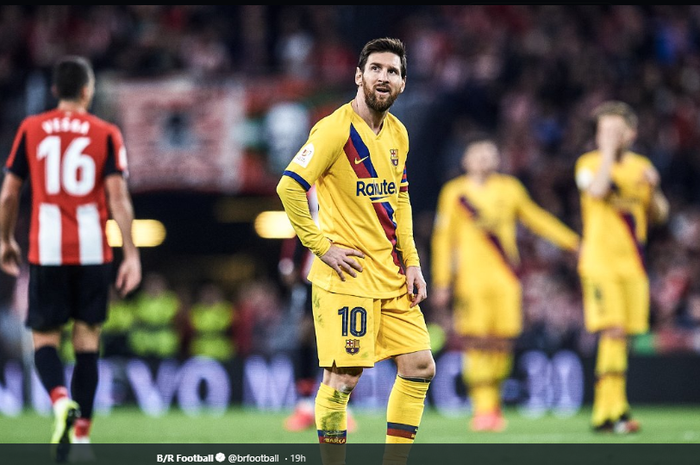 Ekspresi Lionel Messi saat Barcelona kebobolan di menit akhir dalam pertandingan perempat-final Copa del Rey melawan Athletic Bilbao, Jumat (7/2/2020).