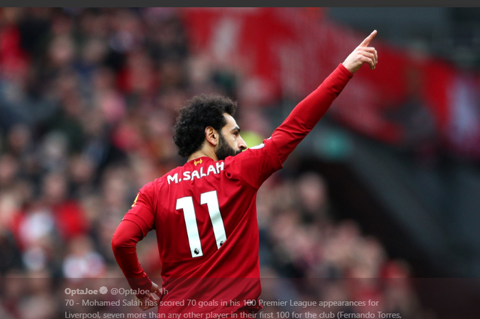 Mohamed Salah merayakan gol untuk Liverpool ke gawang Bournemouth dalam partai Liga Inggris di Anfield, 7 Maret 2020.
