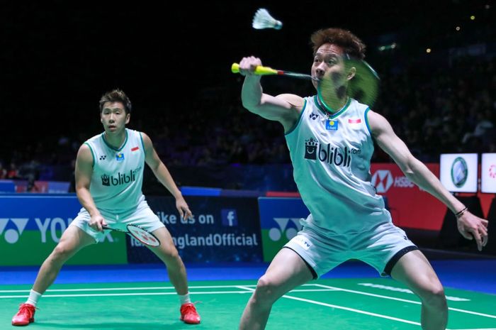 Pasangan ganda putra Indonesia, Marcus Fernaldi Gideon/Kevin Sanjaya Sukamuljo, pada babak kedua All England Open 2020 di Arena Birmingham, Inggris, Kamis (12/3/2020).