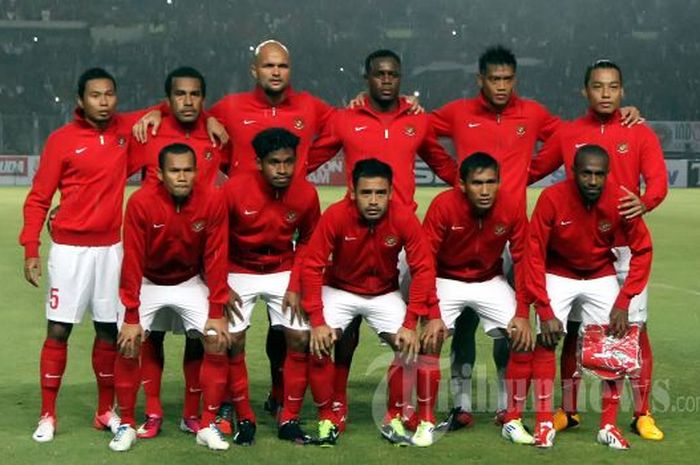 Skuad timnas Indonesia dalam laga kontra Arab Saudi di Stadion Utama Gelora Bung Karno (SUGBK), Jakarta, Sabtu (23/3/2013).