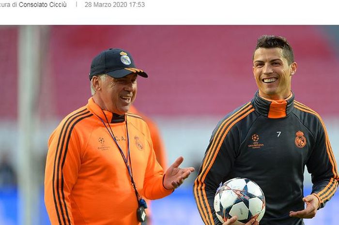 Carlo Ancelotti dan Cristiano Ronaldo berbincang saat masih bersama di Real Madrid.