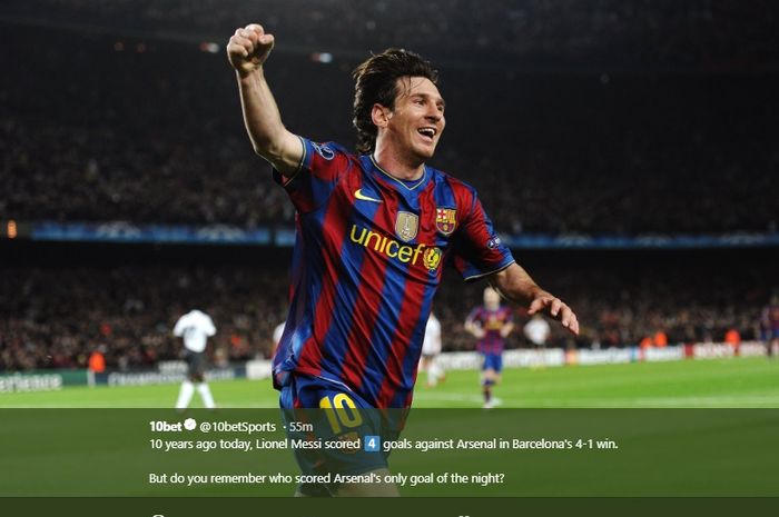 Megabintang Barcelona, Lionel Messi, berhasil merayakan golnya saat menghadapi Arsenal pada kompetisi Liga Champions, Selasa (6/4/2010) waktu setempat.