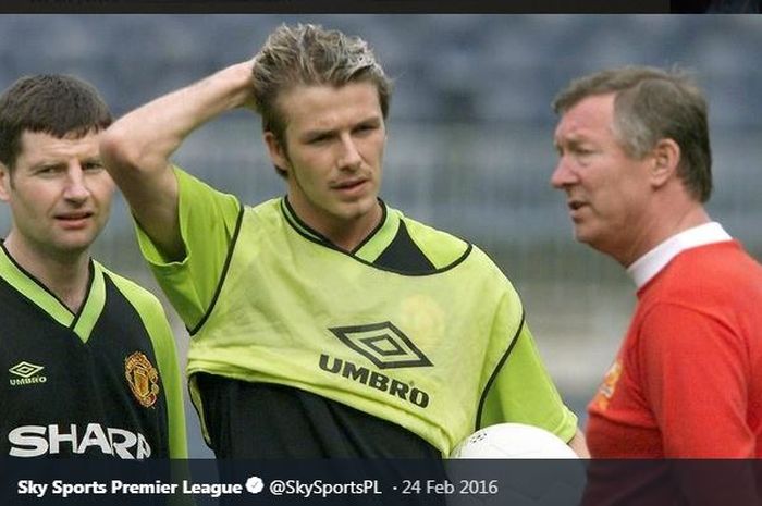 David Beckham dan Sir Alex Ferguson dalam sebuah sesi latihan tim Manchester United.