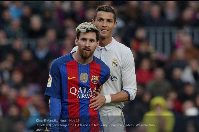 Cristiano Ronaldo dan Lionel Messi, satu frame dalam pertandingan Real Madrid kontra Barcelona.