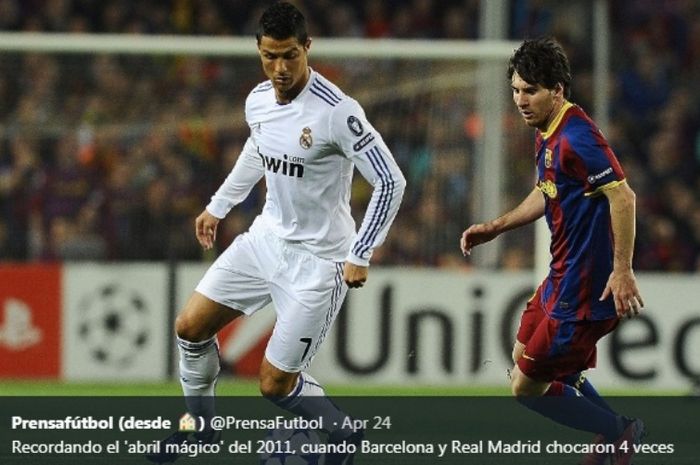 Pertemuan Cristiano Ronaldo dan Lionel  Messi dalam duel Real Madrid versus Barcelona pada2 Mei 2011.