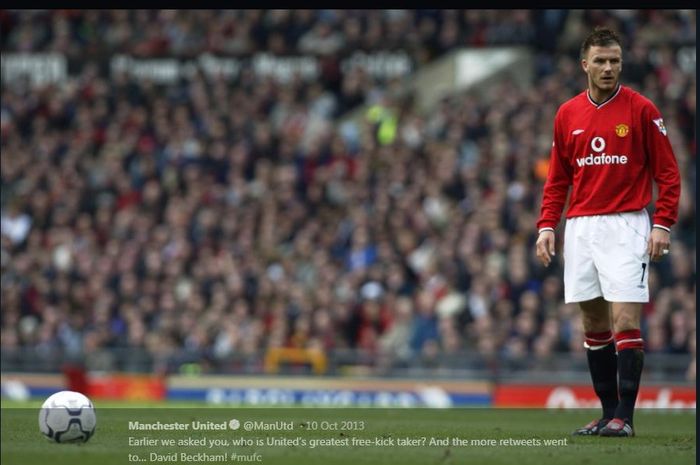 David Beckham saat hendak melakukan tendangan bebas untuk Manchester United.