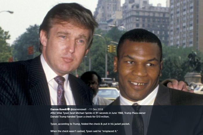 Presiden Amerika Serikat, Donald Trump (kiri) dan legenda tinju, Mike Tyson (kanan). Keduanya memang sudah menjalin hubungan sebelum Tyson dan Trump menjadi orang hebat dan dikenal dunia luas. 