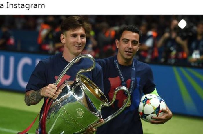 Lionel Messi dan Xavi Hernandez melakukan selebrasi usai membawa Barcelona menjuarai Liga Champions.