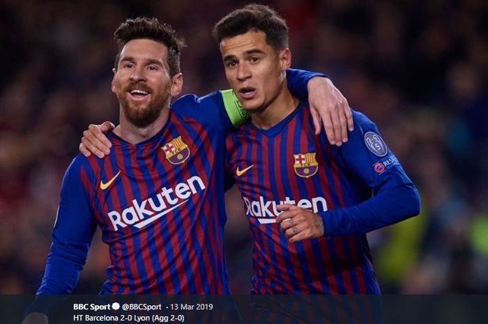 Momen kebersamaan Lionel Messi dan Philippe Coutinho pada laga Liga Champions saat Barcelona bertemu Olympique Lyon pada musim 2018-2019.