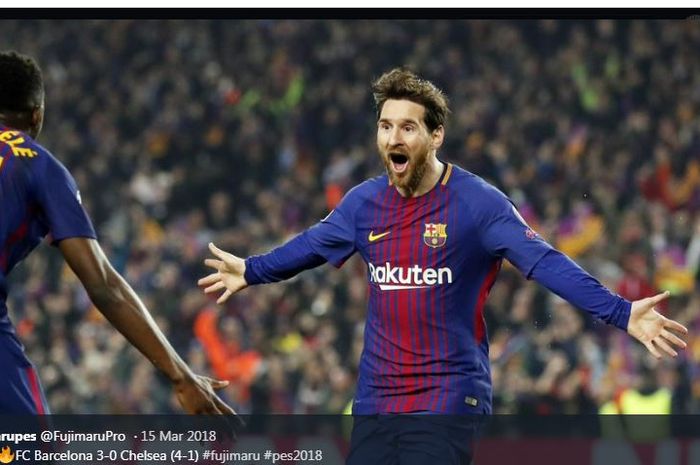 Lionel Messi saat merayakan golnya untuk Barcelona ke gawang Chelsea.