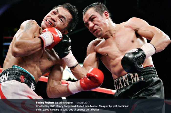 Manny Pacquiao (kiri) dan Juan Manuel Marquez (kanan). Keduanya pernah bertarung sebanyak empat kali. Pacquiao menang 2 kali, Marquez 1 kali, dan imbang 1 kali.