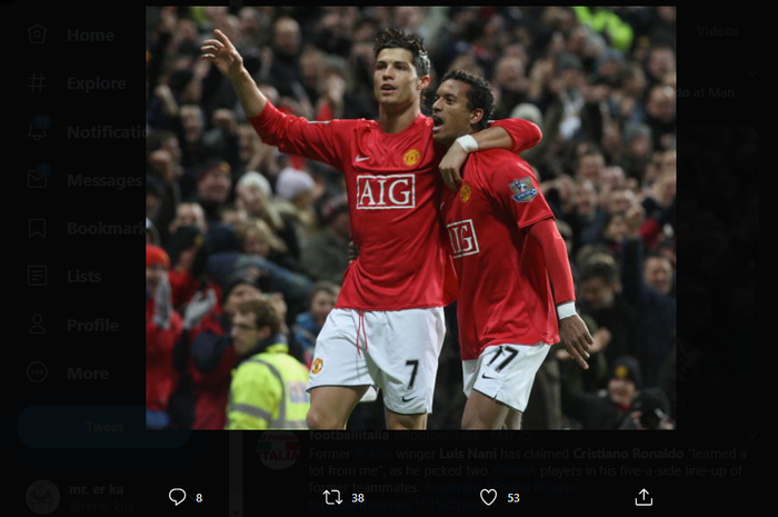 Dua mantan pemain Manchester United, Cristiano Ronaldo dan Luis Nani.