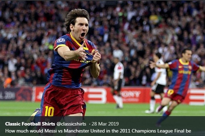 Megabintang Barcelona, Lionel Messi, merayakan  gol  ke gawang Manchester United pada final Liga  Champions 2011-2012.