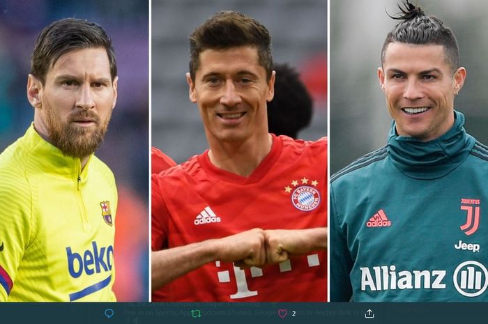 Dari kiri ke kanan: Lionel Messi, Robert Lewandowski, dan Cristiano Ronaldo.