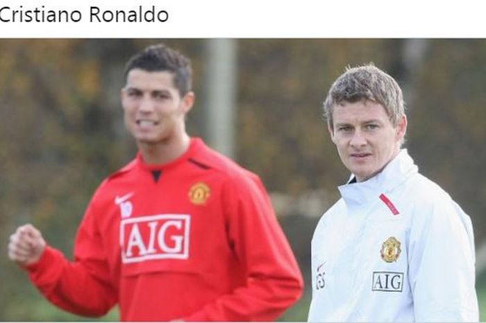 Ekspresi Cristiano Ronaldo dan Ole Gunnar Solskjaer saat sama-sama membela Manchester United.