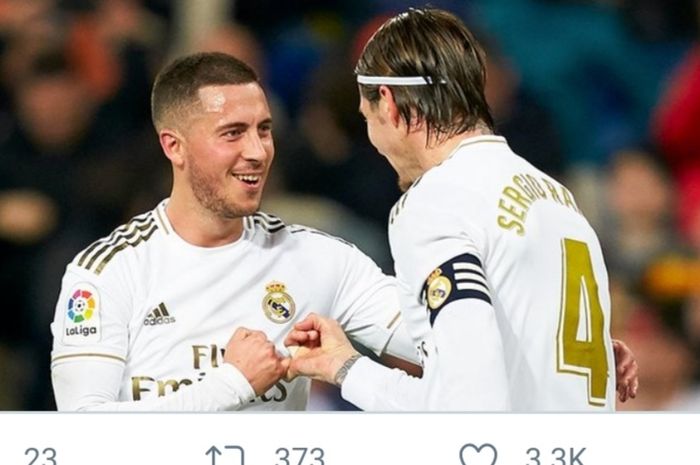 Sergio Ramos dan Eden Hazard melakukan selebrasi usai bekerja sama menciptakan gol kedua bagi Real Madrid dalam laga pekan ke-28 Liga Spanyol 2019-2020 melawan Eibar, Senin (15/6/2020) dini hari WIB.