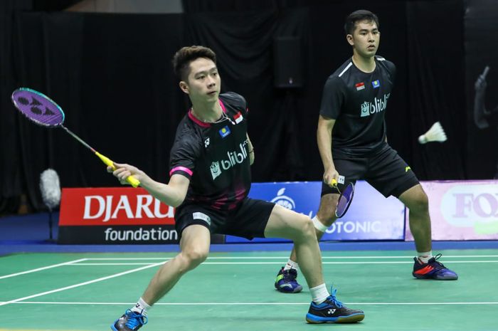 Pasangan ganda putra Kevin Sanjaya Sukamuljo/Moh Reza Pahlevi Isfahani saat tampil pada turnamen PBSI Home Tournament di Hall Pelatnas Cipayung, Jakarta Timur, Rabu (24/6/2020).